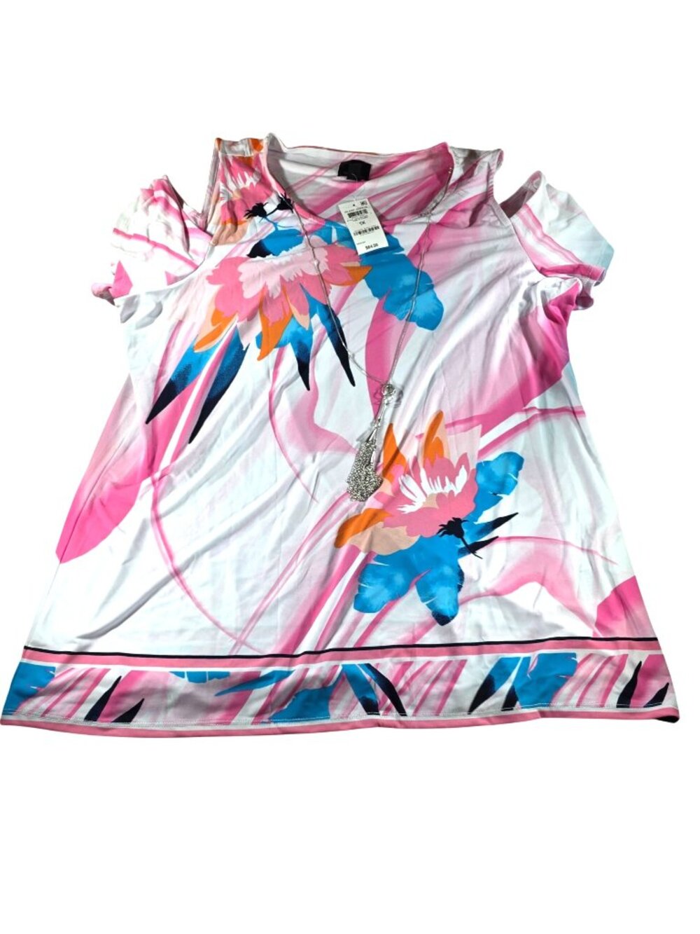 Floral Cold-Shoulder Top JM Collection 1X Island Breeze Pink Blue With Necklace